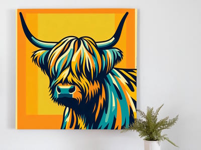 Pop art schotse hooglander schilderij | Hooglandse flair: een eigentijdse twist op de pop art scene | Kunst - 80x80 centimeter op Dibond | Foto op Dibond