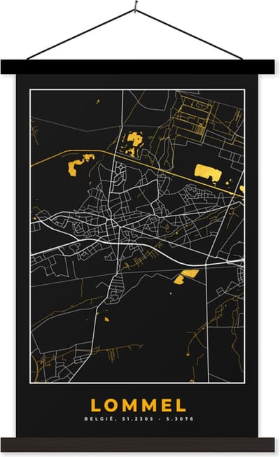 Posterhanger incl. Poster 40x60 cm - Schoolplaat - Stadskaart - Plattegrond - Goud - Lommel - Kaart - Textielposter - Zwarte latten - Stadskaart