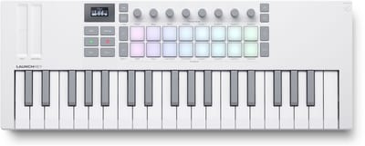 Novation Launchkey Mini 37 MK4 - MIDI Keyboard Controller - 37 Mini-Toetsen - 3 Octaven - 16 FSR Drumpad - 8 Encoders - Touch-Strips - OLED Display - USB-C - 3,5 mm MIDI - Wit