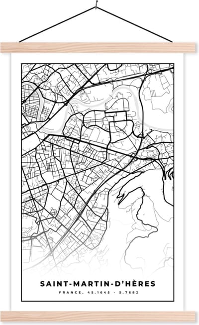 Posterhanger incl. Poster 40x60 cm - Schoolplaat - Stadskaart – Plattegrond – Kaart – Saint-Martin-d'Hères - Frankrijk - Zwart wit - Textielposter - Blanke latten - Stadskaart