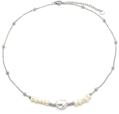Ketting met Zoetwaterparels - RVS - Lengte 39-44 cm - Zilverkleurig