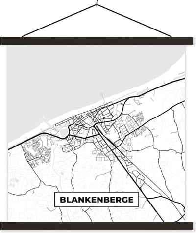 Posterhanger incl. Poster 60x60 cm - Schoolplaat - Stadskaart – Plattegrond – België – Zwart Wit – Blankenberge – Kaart - Textielposter - Zwarte latten - Stadskaart