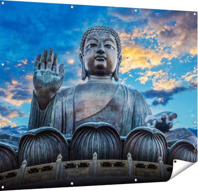 Gards Tuinposter Boeddha Beeld bij een Tempel - 150x120 cm - Tuindoek - Tuindecoratie - Wanddecoratie buiten - Tuinschilderij