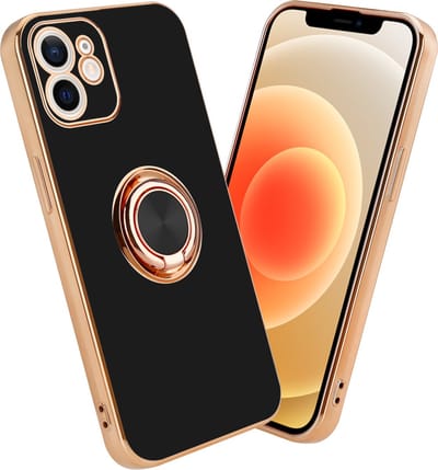 Cadorabo Hoesje geschikt voor Apple iPhone 11 in Glossy Zwart - Goud met ring - Beschermhoes van flexibel TPU-silicone Case Cover met camerabescherming en magnetische autohouder