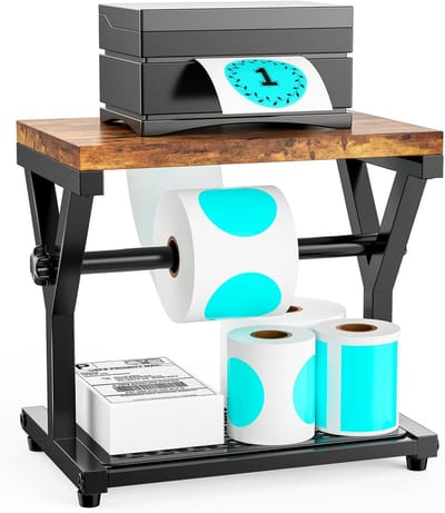 Houten labelhouder voor thermische printer - organizer voor rollen en fanfold-labels, desktop stickerrolhouder voor verzenden en kantoor