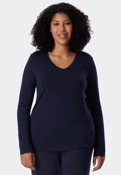SCHIESSER Mix+Relax T-shirt - dames shirt lange mouwen modal v-hals blauw