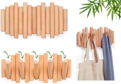 Kledinghanger zonder stoten - met vijf opvouwbare haken - moderne kledinghanger van hout - geschikt voor het ophangen van jassen, paraplu's, handdoeken en schorten - sterke houten decoratie - duurzaam - kledinghanger van massief hout zonder stoten -