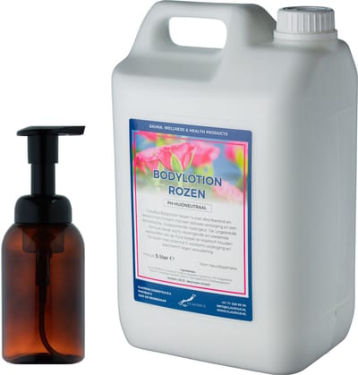 Zeepdispenser 300 ml amber bruin hervulbaar + 5 liter Bodylotion Rozen navulling