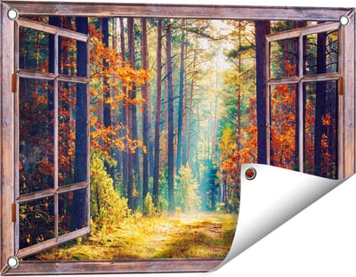 Gards Tuinposter Doorkijk Herfstbos met Zonneschijn - Kleur - 60x40 cm - Tuindoek - Tuindecoratie - Wanddecoratie buiten - Tuinschilderij