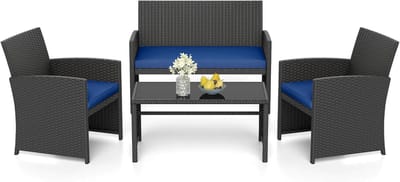 KOMFOTTEU Tuinmeubelset voor buiten, polyrotan, 4-delig, 2-zitsbank, 2 stoelen, salontafel, glasplaat, voor 4 personen, tuinmeubelen voor terras, terras