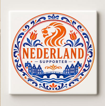 Nederland Supporter Voetbaltegel – Nederlands Oranje Leeuw Design met Tulpen, Amsterdamse Brug en Delfts Blauwe Stijl – Decoratieve Keramische Cadeautegel