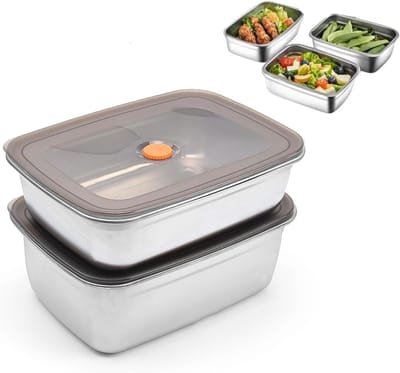 Set van 2 RVS Opbergdozen met Deksel, 1000 ml en 1500 ml voor Koelkast, Picknick en School, Luchtdichte Bewaarboxen