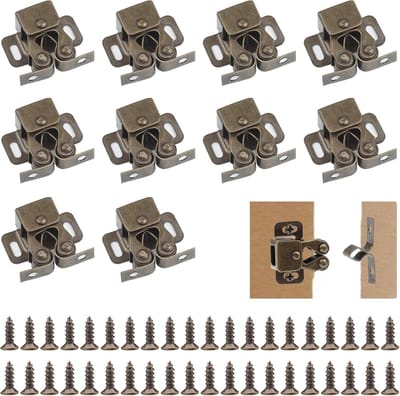 Famanu - Kastdeur Dubbele Bal Roller Catch Latch 10 stuks cabinet roller catch met 40 schroeven double roller catch twin roller catch voor kasten, meubels (Vintage Bronzen)