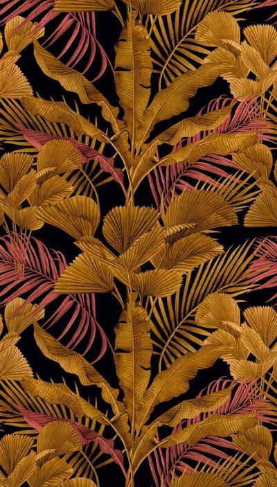 Fotobehang Profhome 391853-GU vliesbehang hardvinyl warmdruk in reliëf glad in jungle stijl mat zwart goudgeel roze pastelviolet 1,59 m x 2,8 m