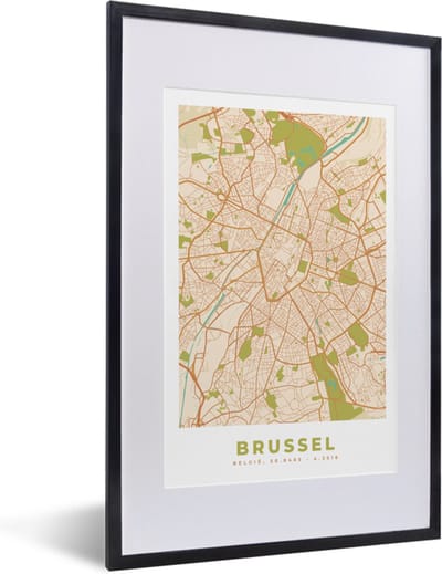 Fotolijst incl. Poster - Brussel - Stadskaart - Plattegrond - Kaart - Vintage - 40x60 cm - Posterlijst