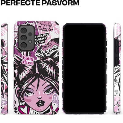 Casetastic hoesje geschikt voor Samsung Galaxy A52 (2021) 5G / Samsung Galaxy A52 (2021) 4G - Dubbellaagse bescherming - Roze Y2K Pop Teen Girly Cash Diva Collage - Fashion Case - Grijs Donkergrijs Wit Lichtroze