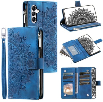 Telefoonhoesje geschikt voor Samsung Galaxy A26 5G / A17 5G - Portemonnee met rits - book-case hoesje - ruimte voor 7 pasjes - Portemonnee met rits - book-case hoesje - ruimte voor 8 pasjes - mandala blauw