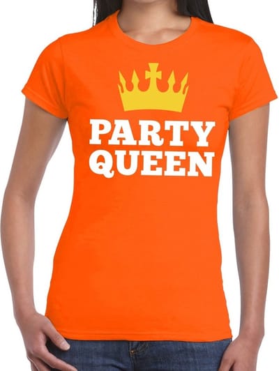 Bellatio Decorations Oranje Party Queen t- shirt - voor dames - Koningsdag kleding - korte mouwen XS