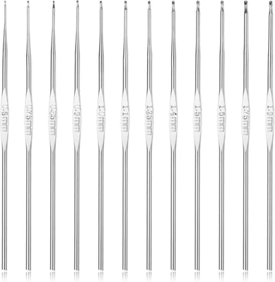 Haaknaaldenset, 0,6-1,75 mm, metalen haaknaalden voor punt en dun garen, 12,2 cm, extra lange haaknaalden voor beginners en haakliefhebbers (zilver)
