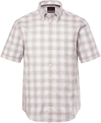 JP 1880 - Heren - Licht geruit overhemd halve mouw buttondown-kraag - Off-white - Maat 3XL