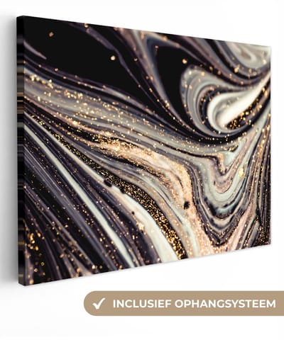 Canvas schilderij 40x30 cm - Wanddecoratie Marmerlook - Zwart - Goud - Wit - Glitter - Marmer - Muurdecoratie woonkamer - Slaapkamer decoratie - Kamer accessoires - Schilderijen op canvas