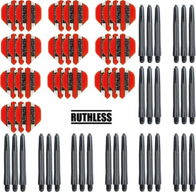 Darts Set - 10 Sets Ruthless Flights – darts flights – Oranje – plus 10 sets Dragon – darts shafts – medium