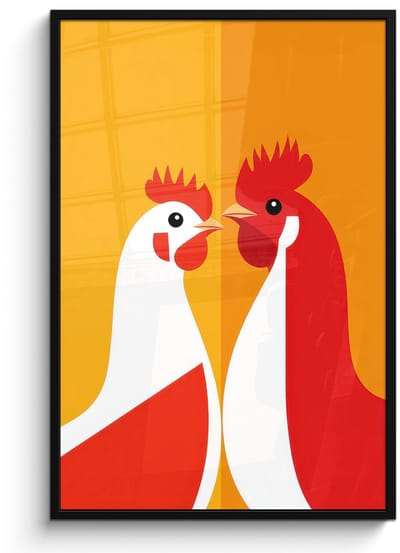 Poster in lijst - Fotolijst 80x120 cm - Posters - Kippen - Oranje - Vlakken - Posterlijst zwart - Decoratie - Wanddecoratie woonkamer - Muurdecoratie slaapkamer