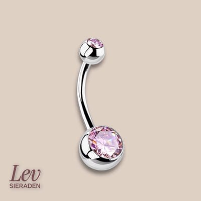 Lev Sieraden - Navel piercing met 4 en 6 mm bal met steen - 1.6 x 10 mm - chirurgisch staal - Navel Piercing Roze steen kleur