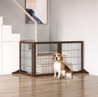 MIVRAY Hondenhek – Vrijstaand en Opvouwbaar – 185 x 36 x 71 cm – Hout en Metaal – Bruin – Voor Deuren Trappen en Gangen – 3 Panelen