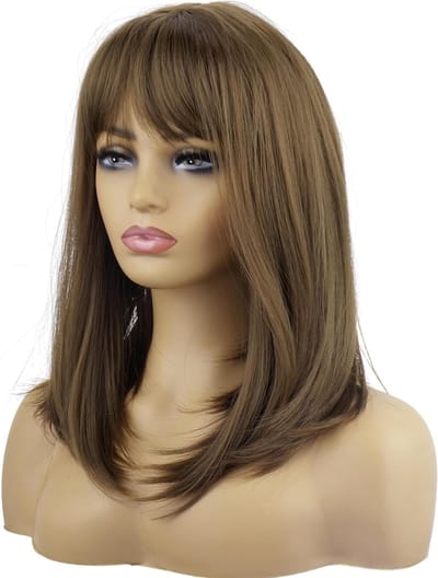 Medium Lange Bruine Haarwig voor Dames - Natuurlijke Rechte Sintetische Bob met Pony, 16 Inch voor Dagelijks Gebruik of Halloween Kostuum