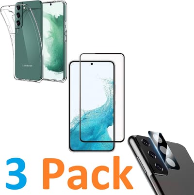 Soft TPU Siliconen Hoesje Back Cover + Display Full Tempered Glass Screen Protector  + Camera lens Beschermer zwart Geschikt voor :Samsung Galaxy S22