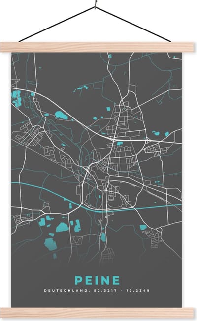 Posterhanger incl. Poster 120x180 cm - Schoolplaat - Peine – Stadskaart – Blauw – Plattegrond – Stadskaart – Kaart - Duitsland - Textielposter - Blanke latten - Stadskaart