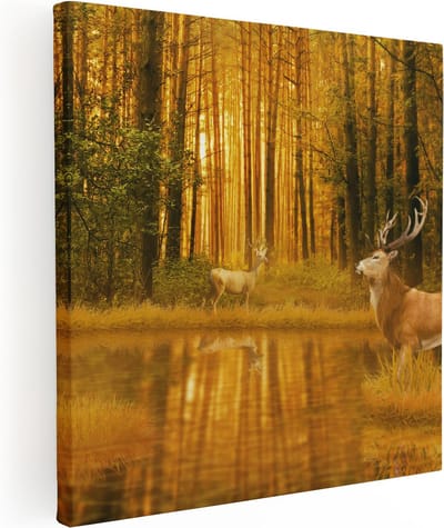 Artaza Canvas Schilderij Hert - 80x80 cm - Wanddecoratie Bos - Muurdecoratie Herten - Schilderijen Op Canvas Natuur