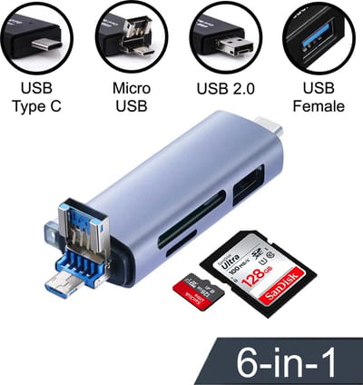 Femur 6-in-1 SD Kaartlezer USB voor Micro SD kaart - SD kaart - Geschikt voor Telefoon, PC en Tablet met USB-C, USB 2.0 en Micro USB aansluiting