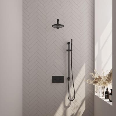 Brauer Black Carving Thermostatische Regendoucheset Inbouw - Hoofddouche 20 cm - Rechte Wandarm - Met Drukknoppen - Handdouche Staaf - Doucheslang - Geintegreerde Glijstang - Mat Zwart