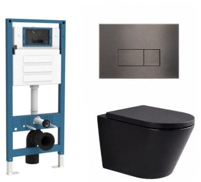 QeramiQ Dely Toiletset - inbouwreservoir Qeramiq Flush - 35mm zitting - metaal gunmetal bedieningsplaat - rechthoekige knoppen - mat zwart