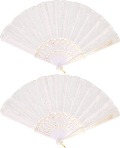 Boland Spaanse handwaaier - 2x - wit - kunststof/polyester - 42 x 24 cm