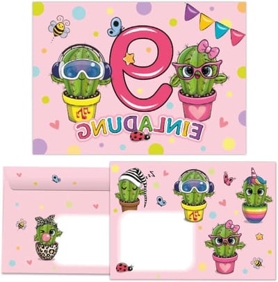 Uitnodigingskaarten Verjaardag - Feestkaarten Kinderfeest - 9e Verjaardag Vieren - Voorgedrukte Velden - A6 Formaat - Cactus Groen