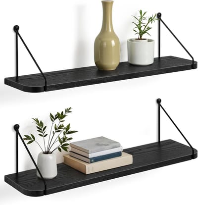 Zwarte Wandplank van Hout, 60 cm, Drijvende Plank voor Keuken, Badkamer en Woonkamer, Set van 2, Modern en Functioneel Decoratieaccessoire