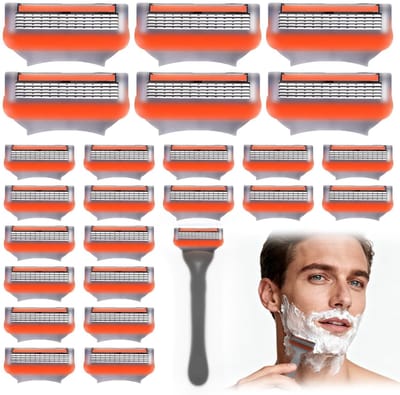 Verpakking van 24 premium scheermesjes voor heren, met een 5-laags roestvrijstalen kern, Geschikt voor Fusion 5 scheerapparaten, voor een soepele scheerbeurt.