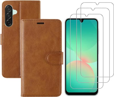 Hoesje geschikt voor Samsung Galaxy A26 bookcase Bruin - Met screenprotector tempered glass Galaxy A26 - 3x