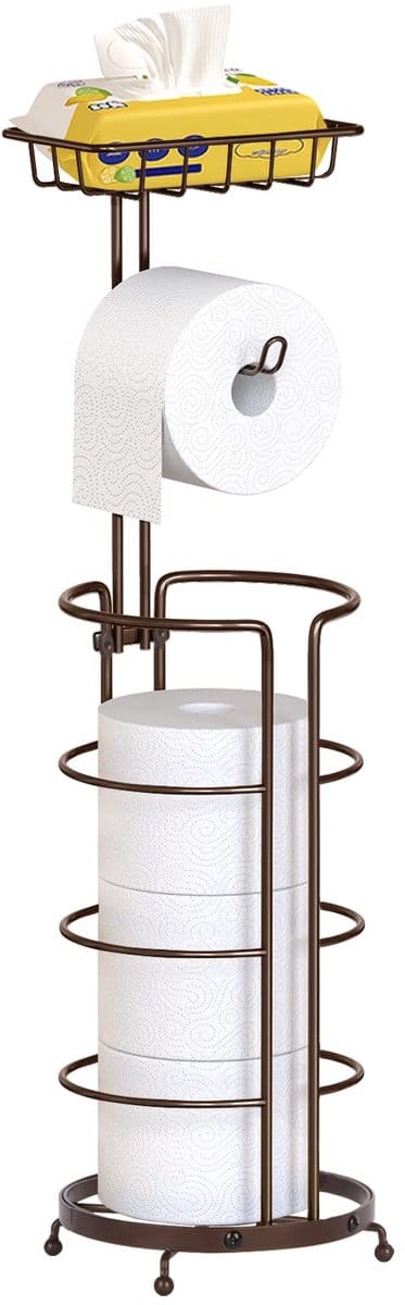 Toiletpapierhouder, vrijstaand, toiletpapierhouder, staand zonder boren, toiletpapieropslag van metaal voor badkamer, toiletpapierrolrek voor 5 papierrollen met plank, brons