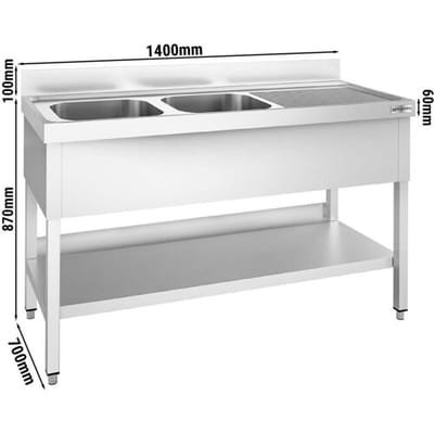 GGM Gastro Spültisch PREMIUM - 1400x600mm - mit Grundboden - mit 2 Becken links Zilver