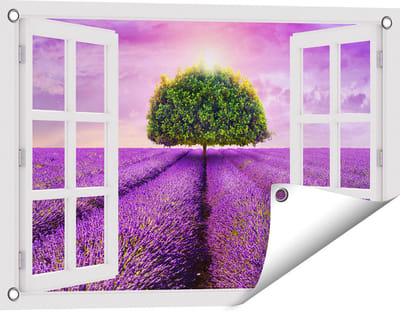 Gards Tuinposter Doorkijk Groene Boom in de Lavendel Bloemen - 60x40 cm - Tuindoek - Tuindecoratie - Wanddecoratie buiten - Tuinschilderij
