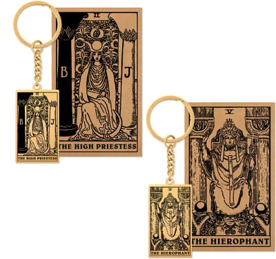 Tarot Sleutelhanger 2 | 5 bundel - Hogepriester & Hogepriesteres - Goudkleurig Stainless Steel - Inclusief Rider-Waite Kaartjes - Pax Amare