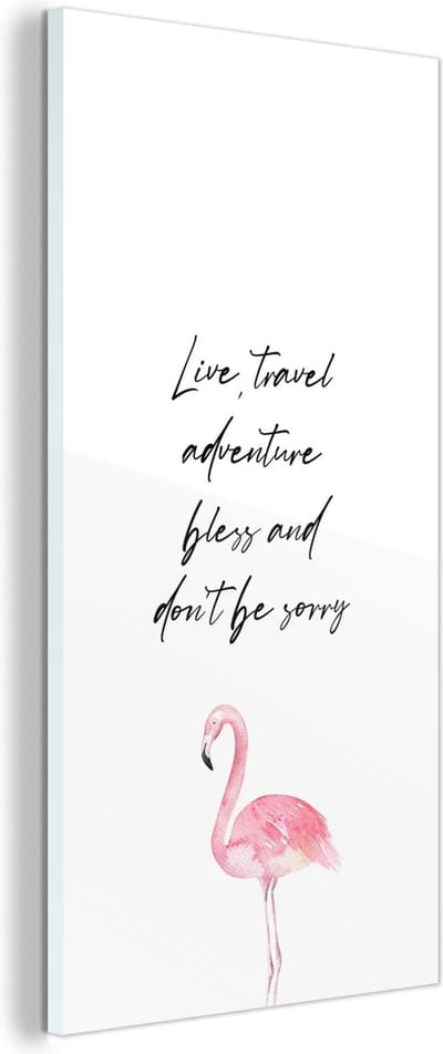 MuchoWow® Glasschilderij 60x120 cm - Schilderij acrylglas - Quotes - Live, travel, adventure, bless and don't be sorry - Spreuken - Flamingo - Foto op glas - Schilderijen