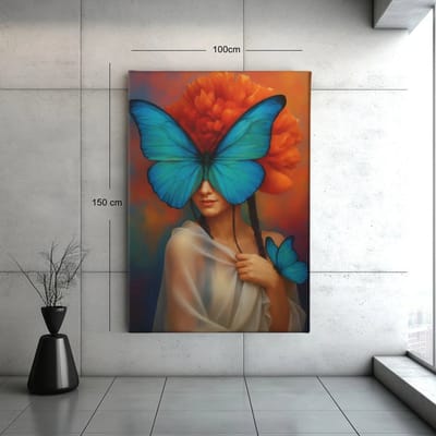 Canvas Schilderij - Vrouw met Blauwe Vlinders - Wanddecoratie - 150x100x2 cm