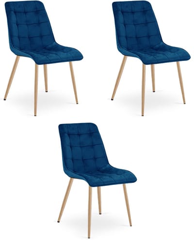 Set van 3 eetkamerstoelen SPLIT - Donkerblauw fluweel - Eikenlook poten - Modern design
