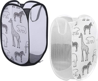 SnelShoppen - Vouwbare Wasmanden Set van 2 - Pop Up Wasmand met Gaas - 30x30x48 cm - Ideaal voor Thuis, Camping, Reizen - Black + White