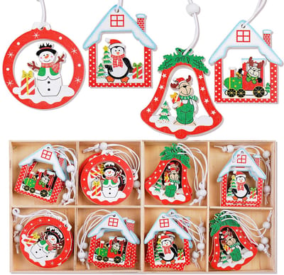 Dailygoods- Kerstdecoratie 24 Stuks - Houten Hangornamenten - Kersthangers - Decoratie voor Kerstboom - Cadeau in Houten Kist - 4 Stijlen - Kerstboomhangers